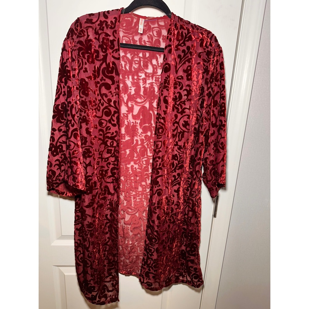 Xhilaration Burgundy Red Velvet Burnout Floral Kimono Cardigan M/L